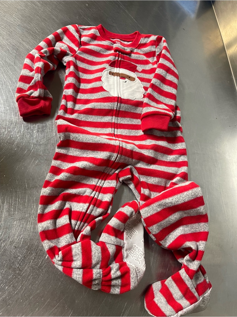 Red & Gray Striped Kids Footed One-Piece with Santa Applique